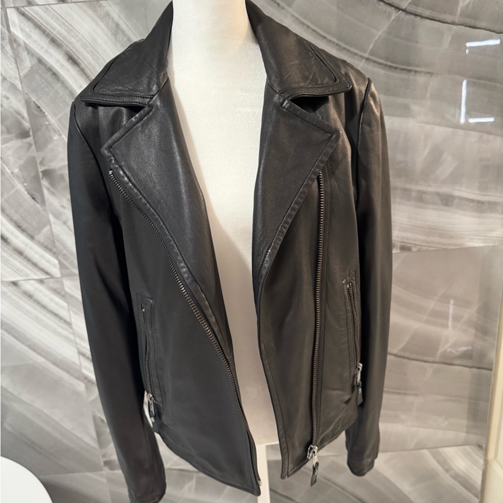 John + Jenn Black Faux Leather Moto Jacket Size M | Biker Style Zip Jacket